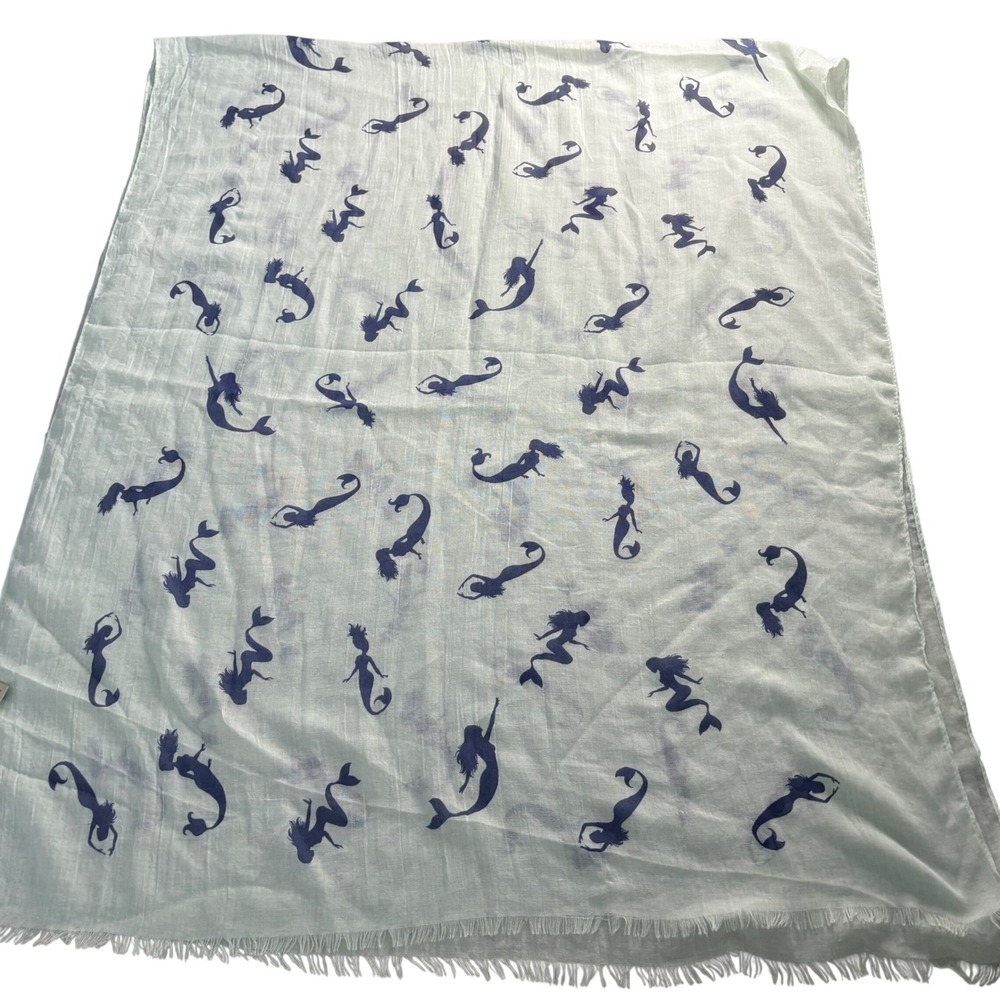 JD Sunny Just Classic Mermaid Print Cotton Scarf Mint Green Navy Blue Fringe